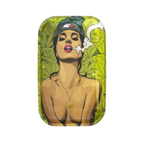 Woman Smoking Metal Rolling Tray